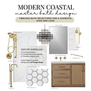 Könnte beinhalten: Design-Board für ein modernes Küsten-Master-Badezimmer. Das Bild zeigt ein goldenes Duschsystem, einen Waschtisch mit Holzfinish, eine Deckenleuchte, einen Spiegel und einen sechseckigen Fliesenboden. Text enthält "Sofort-Download" und "Modern Coastal Master-Badezimmer-Design".