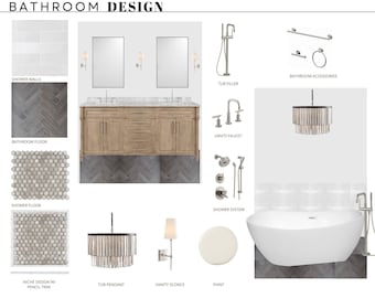 Premade Bathroom Moodboard, Interior Design Service, Shopping List, Bathroom Design, Tile, Virtual Design, Online Decorator, Digital Downloa