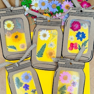 Tarros de flores prensadas, Marcadores, Artesanía de flores prensadas, Imprimible para niños, Manualidad para niños, Arte para niños imagen 1