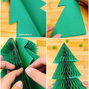 Op de afbeelding: Een stapsgewijze handleiding voor het maken van een groene papieren kerstboom. Het proces omvat het vouwen en vormen van groen papier tot een gelaagde, driedimensionale boom. De website hellowonderful.co is zichtbaar.