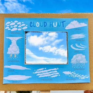 Op de afbeelding: Een blauwe en witte kartonnen uitsparing met de woorden "CLOUD HUNT" in wit handschrift. De uitsparing heeft een venster om doorheen te kijken en illustraties van verschillende soorten wolken met hun namen: altocumulus, cumulonimbus, stratus, altostratus, stratocumulus, cirrocumulus, cirrus, cirrostratus, cumulus en nimbostratus.