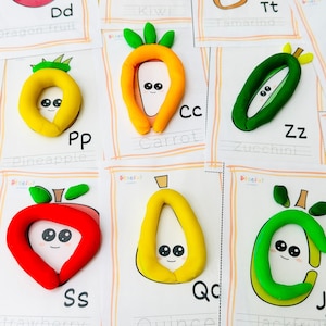 Tapetes de plastilina del alfabeto, tarjetas Play Doh, plastilina de frutas y verduras, preescolar, habilidades motoras finas de jardín de infantes, imprimibles de aprendizaje para niños