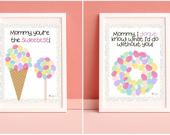 May include: Two printable Mother's Day cards with a sweet treat theme. The first card features a pink and white ice cream cone with the text "Mommy, you're the sweetest!" The second card features a donut made of colorful candies with the text "Mommy, I donut know what I'd do without you!"
