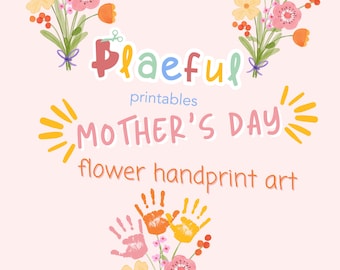 May include: Playful Mother's Day flower handprint art printable with three bouquets of flowers made with handprints. Each bouquet has a pink, yellow, and orange flower with green stems and leaves. The bouquets are arranged in a triangle shape.