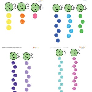 May include: A printable worksheet with four sets of colorful dots arranged in vertical lines. Each set of dots is topped with a cartoon green bug with a smiling face. The text "Plaeful" appears in the top right corner of each page.