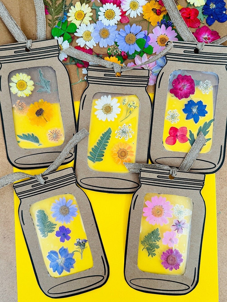 Tarros de flores prensadas, Marcadores, Artesanía de flores prensadas, Imprimible para niños, Manualidad para niños, Arte para niños imagen 1