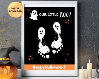 May include: A black and white printable Halloween sign with the text "Our Little Boo!" and "Happy Halloween!" with two white ghost footprints and a ghost illustration.