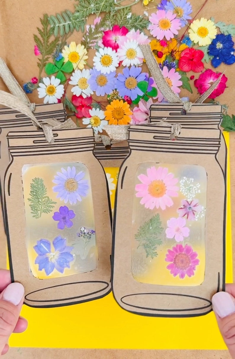 Tarros de flores prensadas, Marcadores, Artesanía de flores prensadas, Imprimible para niños, Manualidad para niños, Arte para niños imagen 6