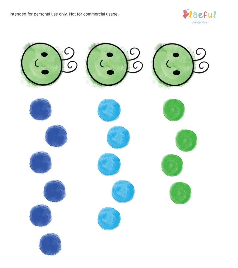 May include: A printable worksheet with three green cartoon bugs and three columns of dots. The first column has six blue dots, the second column has five blue dots, and the third column has four green dots.