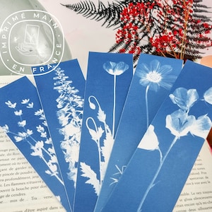 Marcapáginas de cianotipia "Flores azules" - Impresión única hecha a mano