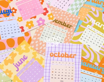 May include: A collection of colorful wall calendar pages featuring various months including September, June, and October. Each page displays a grid of dates with distinct patterns like flowers, checkers, waves, and grids in bright shades of pink, yellow, orange, and purple.
