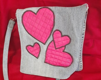 Boho Hippie Shabby Chic repurposed denim Pink heart Pink Zebra shoulder bag