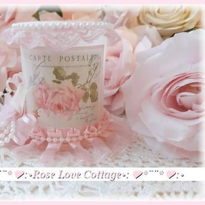 Shabby Cottage LED Candle Timer Vintage French Pink Rose Print "Carte Postale" Personalization Available French Country Decor Gift Wedding