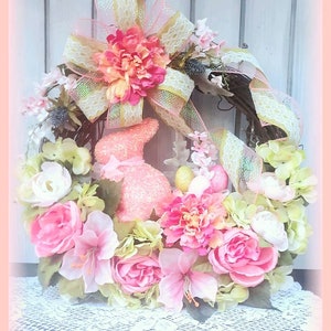 Easter Floral Front Door Wreath Roses Dahlias Peach Glitter Easter Bunny Eggs Blush Pink Lillies Peonies French Farmhouse Cottage Decor