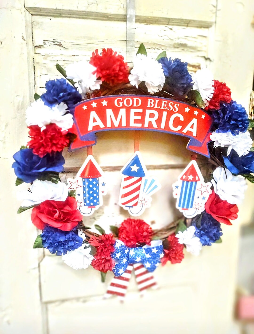 Fourth of July Wreath Celebration Red White and Blue Roses Carnations USA Patriotic God Bless