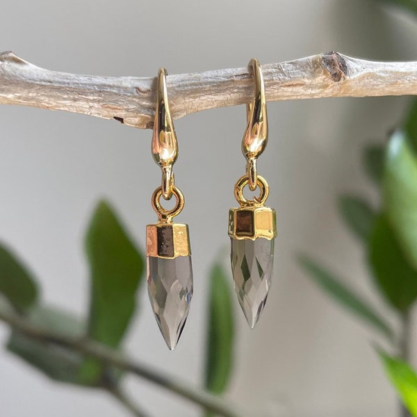 Smokey Topaz Earrings | crystal bullet point dangles | tiny grey quartz earrings | small elegant earrings | Smokey topaz points | 18k gold