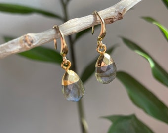 Labradorite teardrop earrings | blue flash labradorite drops | blue and grey crystal dangles | gold and crystal dangles | cottage core drops
