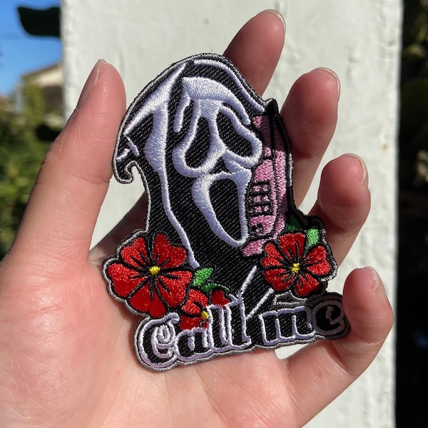 The Scream Movie Inspired Ghostface Killah “Call Me Baby” with Pink Cellphone and Red Hawaiian Flowers Iron-On/Sew-On Embroidered Patch