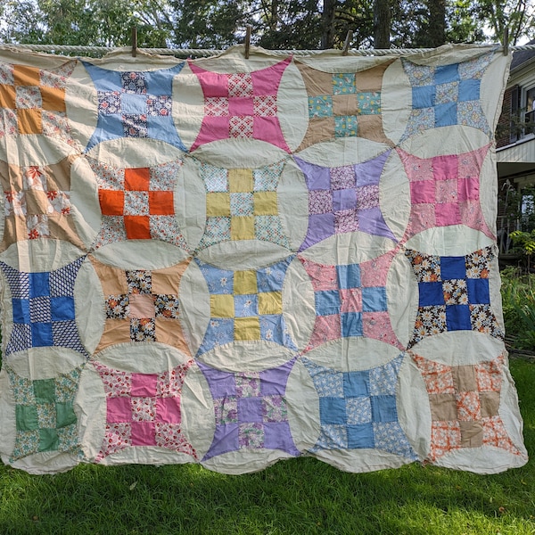 Antique feedsack modified nine-patch quilt top