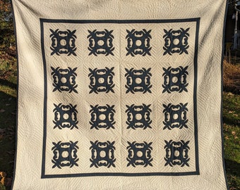 Antique 1800s indigo blue and white Hawaiian quilt expert quilting