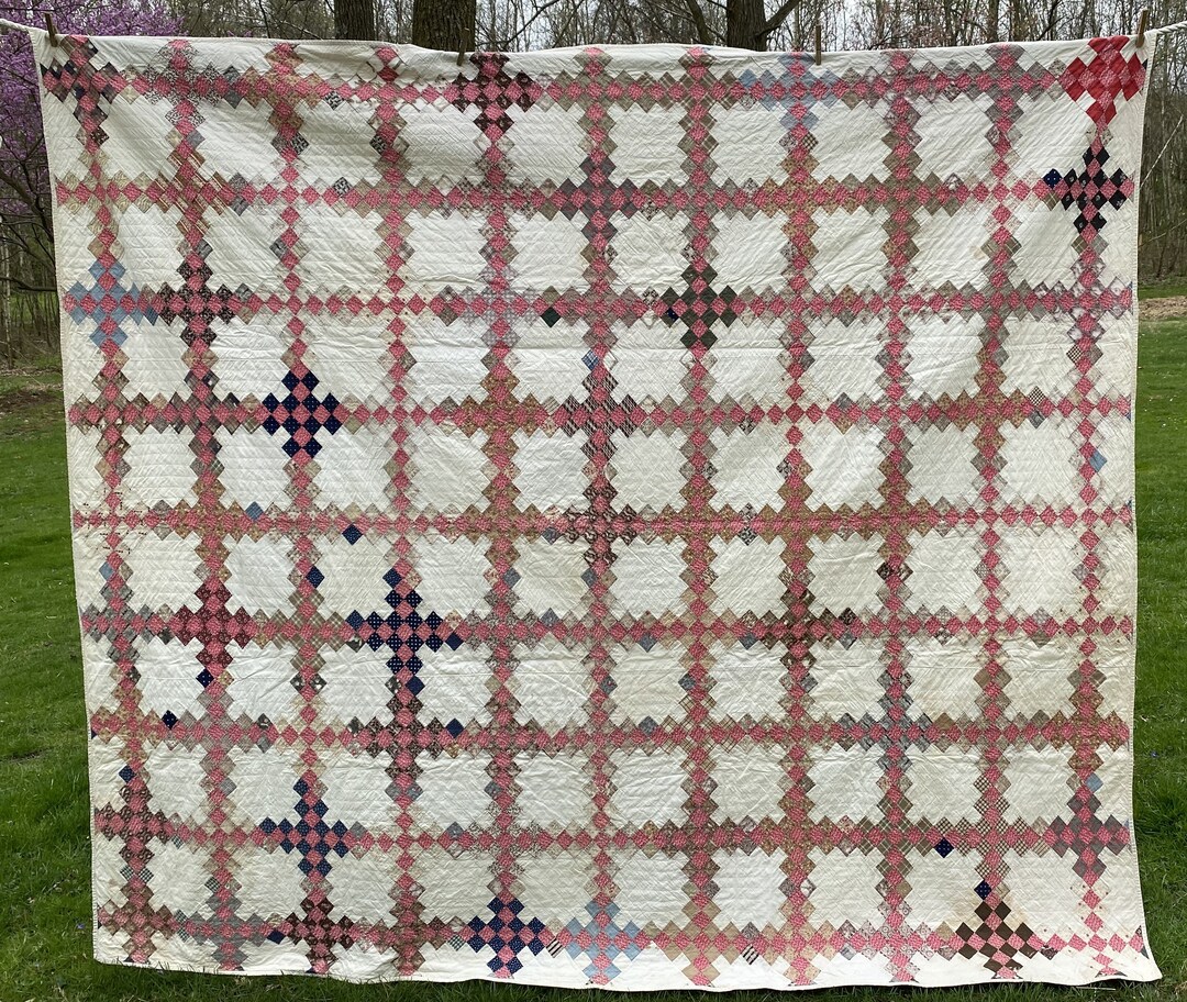 Antique 1800s Postage Stamp Irish Chain Quilt Lightweight Cinnamon Red