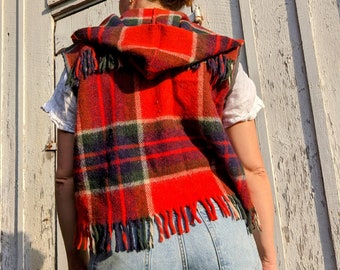 Fringe wool hooded vest red plaid tartan gender neutral one size