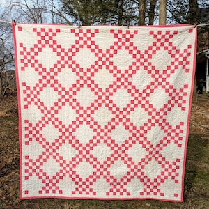 Antique Pennsylvania 1800s patchwork quilt red white triple Irish chain