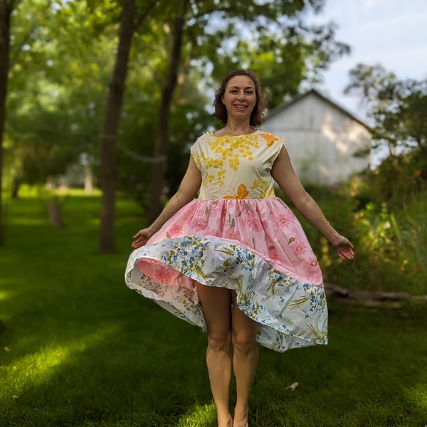 Twirly below-the-knee tier dress from vintage pastel floral bed sheets