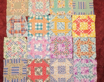 Set of 16 9"x9" antique feedsack quilt blocks Hole in the Barn Door