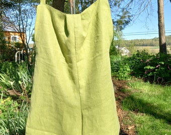 Linen romper shortalls upcycle tablecloth olive green