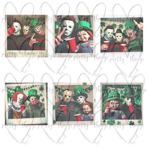 May include: Six square images of horror movie characters dressed in green hats and holding red cups. The images are set against a green background with shamrocks and the text "Happy St. Patrick's Day".
