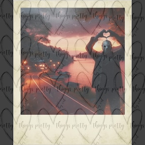 May include: A vintage-style photo of a person wearing a hockey mask making a heart shape with their hands. The photo is set against a backdrop of a sunset over a lake with a road leading into the distance.