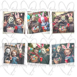 Puede incluir: Seis imágenes digitales de personajes de películas de terror vestidos con trajes de Pascua. Los personajes sostienen cestas de huevos de Pascua y vasos rojos. Las imágenes están en un marco de estilo Polaroid.