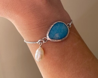 7" adjustable slider bracelet with white or turquoise jade stone and freshwater pearl charm
