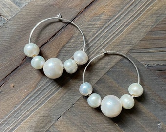 25mm Hoop Earrings with White Freshwater Pearls