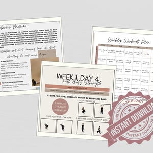 May include: A digital postpartum fitness guide featuring a welcome page, a weekly workout plan table, and a specific day four full body strength routine with exercise illustrations, all presented on white pages with black text and muted pink accents.