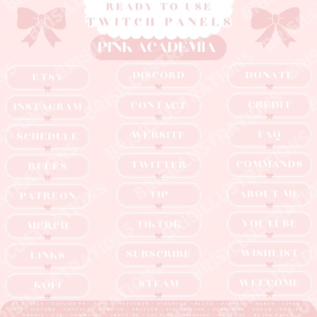Digital Pink Academia Twitch Panels Set of 25 Customizable Streamer