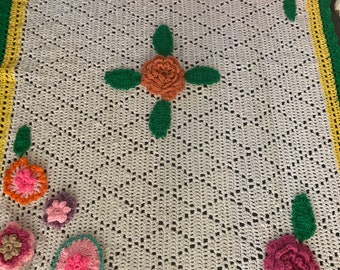Vintage 1960s-70s Handmade Crochet 3D Flower Afghan Throw Blanket