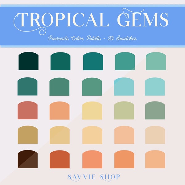 Procreate Color Palette: Tropical Gems, Tropical Vibes, Rich Blue-Green & Warm Orange color palette, digital color pallets for Procreate