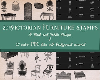 May include: A set of 20 black and white Victorian furniture stamps, with 20 color PNG files with the background removed. The stamps include a variety of furniture pieces, such as chairs, tables, beds, couches, and mirrors.