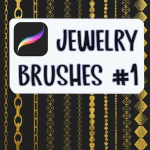 Op de afbeelding: Een wit rechthoek met de tekst "JEWELRY BRUSHES #1" en een kleurrijk penseelpictogram. De achtergrond is zwart met gouden kettingen en andere sieradenpatronen.