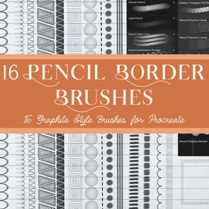 May include: A set of 16 digital pencil border brushes for Procreate. The brushes are designed to look like hand-drawn pencil lines and include a variety of patterns, such as wavy lines, triangles, squares, and circles.