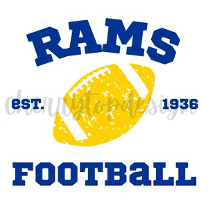 May include: A design with the word "RAMS" in blue, above a yellow football with white stripes. Below the football, the word "FOOTBALL" is also in blue. The text "est. 1936" is also present.