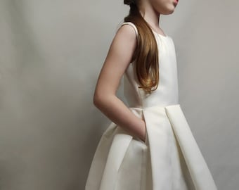 Ivory Satin Flower Girl Dress, Handmade Birthday Princess Dress