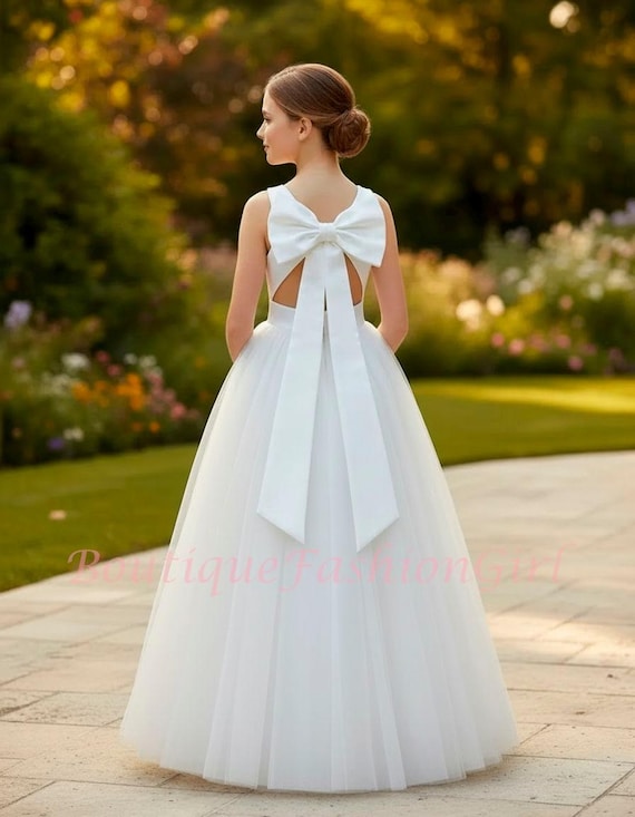 bridesmaid dresses for over 50 White Tulle Junior Dress, Satin Bow Back, Garden Wedding Gown, Custom Communion Dress sleeve: short sleeves