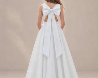 White Satin Flower Girl Dress, Satin Bow Waist, Garden Wedding Gown