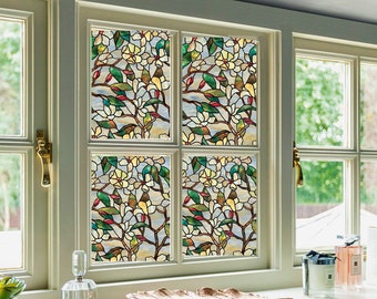 Magnolia Decorative Privacy Window Film, Stained Glass Treatment Film, Non Sticky Static Cling Adhesive Sticker, Anti UV Heat Control Decal