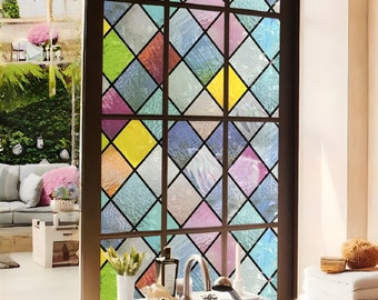Buntes Gitter Fensterfolie, Buntglas-Behandlungsfolie, nicht klebrig, statisch haftend, Regenbogen-Glas-Abziehbild-Aufkleber für Home Anti-UV