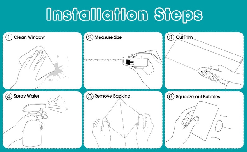 May include: A six-step illustrated guide for installing window film. The steps include cleaning the window, measuring the film, cutting the film, spraying water, removing the backing, and squeezing out bubbles.