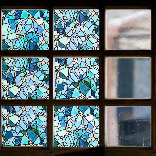 Blue Cobblestones Window Privacy Film, Stained Glass Treatment Film, Non-Sticky Static Cling Self-Adhesive, Glass Decals Stickers for Home